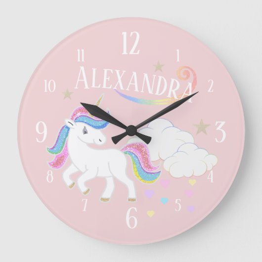 Niedlicher Regenbogen-Glitzer Einhorn-Sterne und - Große Wanduhr (Vorderseite)