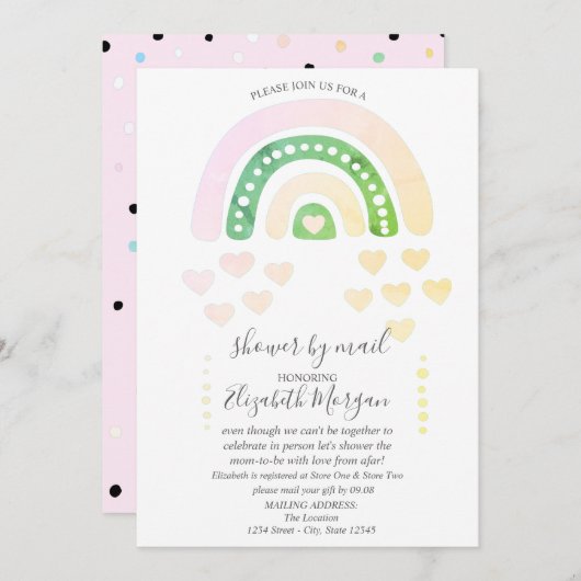 Niedlicher Regenbogen, Herz, Punkte, Kinderdusche  Einladung (Vorne/Hinten)