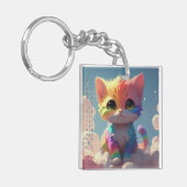 Niedlicher Regenbogen Kätzchen auf einer Wolke Schlüsselanhänger (Vorderseite links)