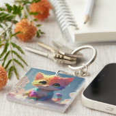 Niedlicher Regenbogen Kätzchen auf einer Wolke Schlüsselanhänger (Vorderseite rechts)