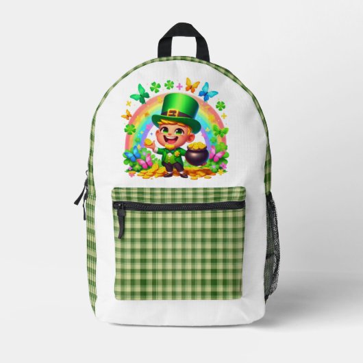 Niedlicher Regenbogen-Leprechaun mit Gold Bedruckter Rucksack (Vorderseite)