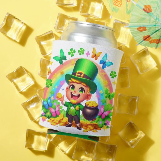 Niedlicher Regenbogen-Leprechaun mit Gold Dosenkühler (In Situ Sommer)