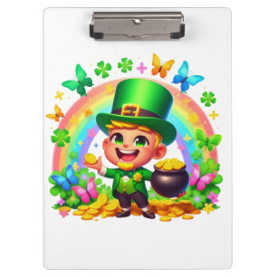 Niedlicher Regenbogen-Leprechaun mit Gold Klemmbrett