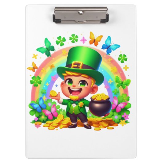Niedlicher Regenbogen-Leprechaun mit Gold Klemmbrett (Vorderseite)