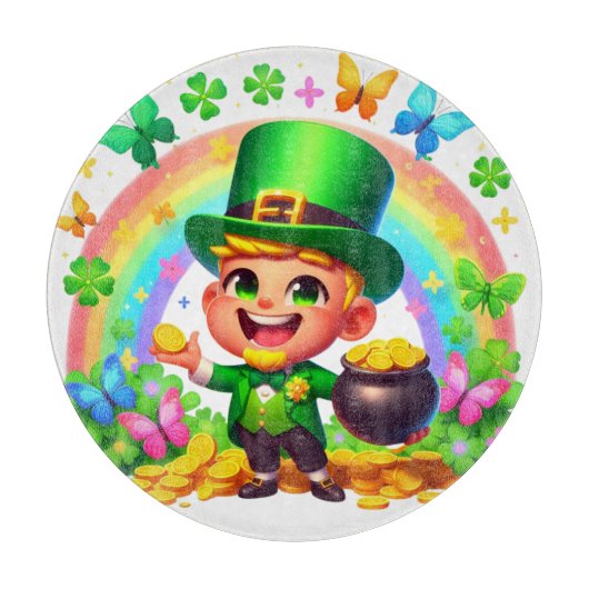 Niedlicher Regenbogen-Leprechaun mit Gold Schneidebrett (Vorderseite)