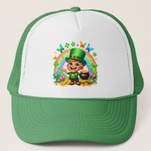 Niedlicher Regenbogen-Leprechaun mit Gold Truckerkappe
