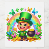 Niedlicher Regenbogen-Leprechaun mit Gold Weinetikett (Einzelnes Label)
