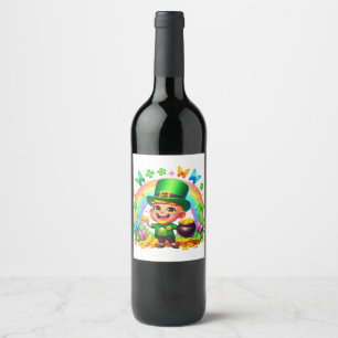 Niedlicher Regenbogen-Leprechaun mit Gold Weinetikett