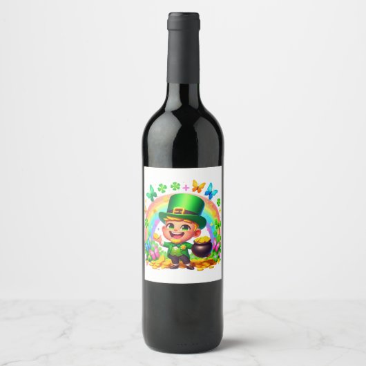 Niedlicher Regenbogen-Leprechaun mit Gold Weinetikett (Vorderseite)