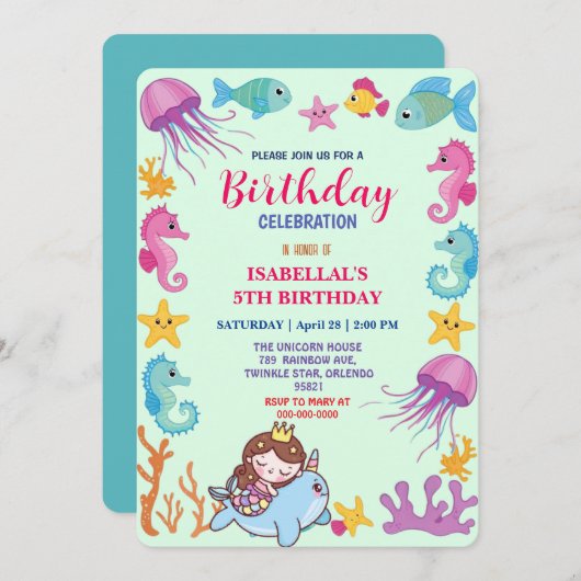 niedlicher Regenbogen-Meerjungfisch bis Geburtstag Save The Date (Vorne/Hinten)