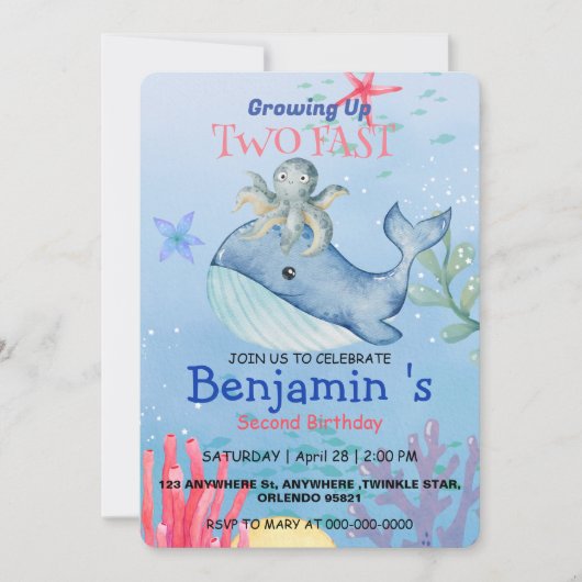 Niedlicher Regenbogen-Oktopus Whale 2. Geburtstag  Einladung (Vorderseite)