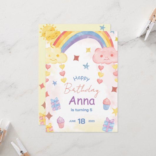 Niedlicher Regenbogen, Sonne und Wolken zum Geburt Einladung (Vorderseite/Rückseite Beispiel)