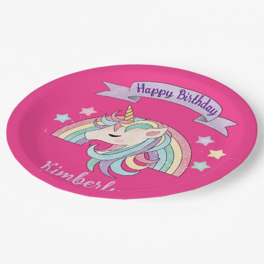 Niedlicher Regenbogen und Funkelnd Einhorn Heissro Pappteller (Schrägansicht)