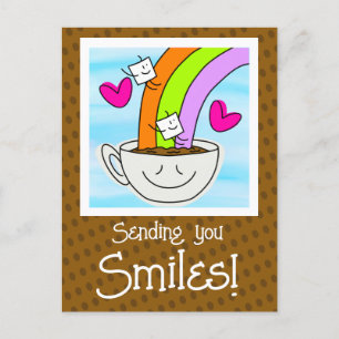 Niedlicher Regenbogen und Kaffeelächeln denken Sie Postkarte