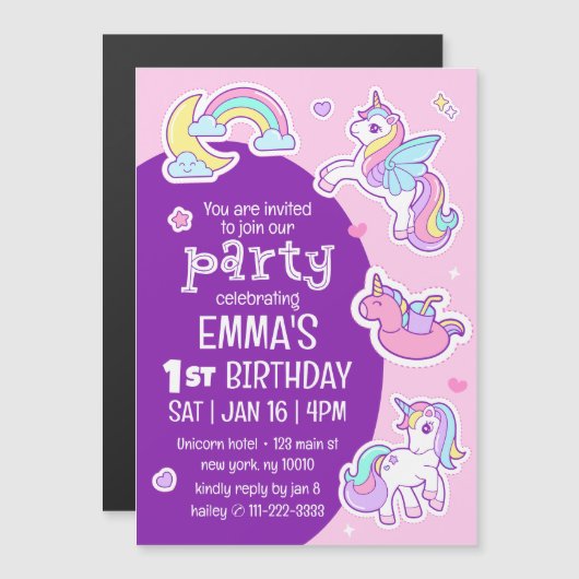 Niedlicher Regenbogen vereint Kindergeburtsparty Magneteinladung (Vorne/Hinten)