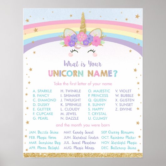 Niedlicher Regenbogen Was ist Ihr Einhornname-Spie Poster (Vorne)