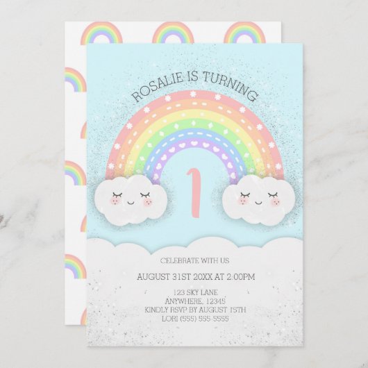 Niedlicher Regenbogen & Wolken Einladung zum Gebur (Vorne/Hinten)