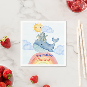 Niedlicher Regenbogentopf Whale Fische Geburtstags Serviette
