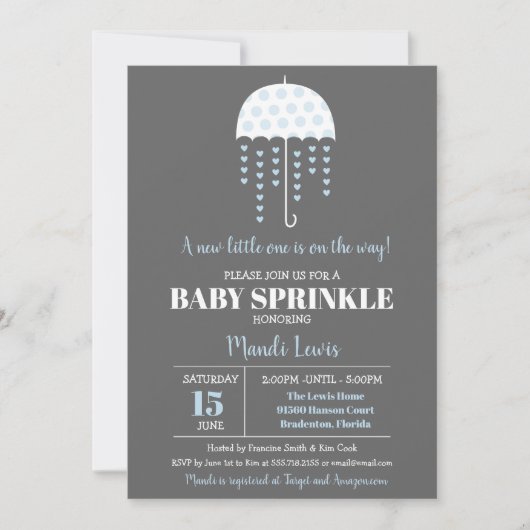 Niedlicher Regenschirm Blue Baby Sprinkle oder Bab Einladung (Vorderseite)
