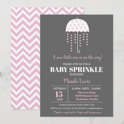 Niedlicher Regenschirm Pink Baby Sprinkle oder Bab Einladung (Vorne/Hinten)