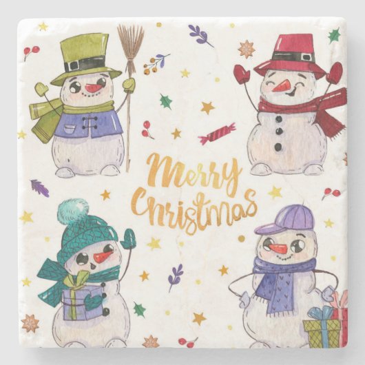 Niedlicher Reiseschneemann Steinuntersetzer (Vorderseite)