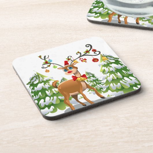Niedlicher Rentier im Schnee Getränkeuntersetzer (Linke Seite)
