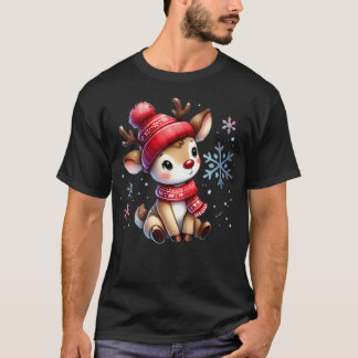Niedlicher Rentier in Winter Hat Illustration T-Shirt