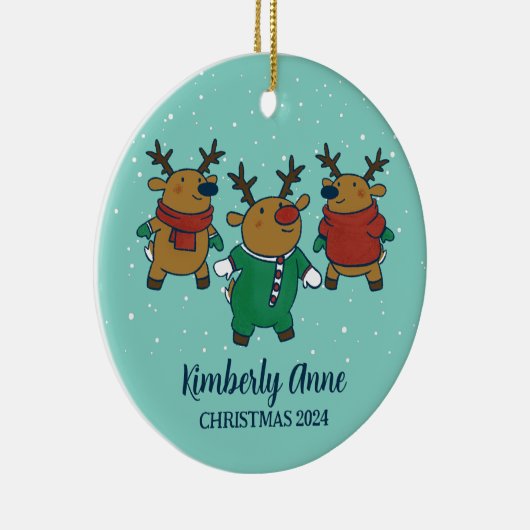 Niedlicher Rentier Weihnachtsjubiläum Snowy Winter Keramik Ornament (Rechts)