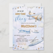 Niedlicher Retro Blue Airplane 1. Geburtstag Einladung (Vorderseite)