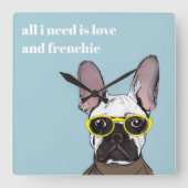 Niedlicher Retro Blue Bulldog mit Neon-Brille Quadratische Wanduhr (Vorderseite)