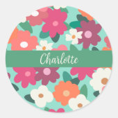 Niedlicher Retro Florals Individuelle Name Runder Aufkleber (Vorderseite)