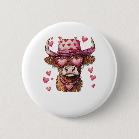 Niedlicher Retro Highland Cowboy Hat Herz Valentin Button (Vorderseite)
