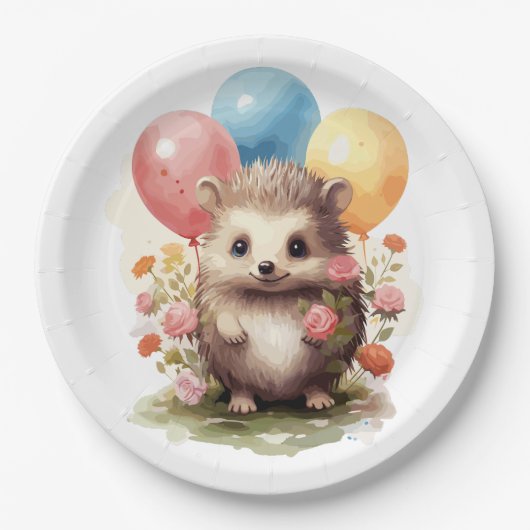 Niedlicher Retro-Igel mit Balloons Pappteller (Vorderseite)