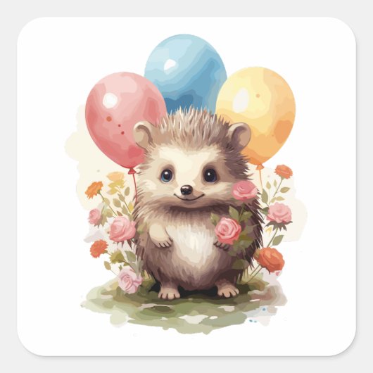 Niedlicher Retro-Igel mit Balloons Quadratischer Aufkleber (Vorderseite)