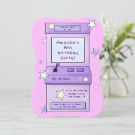 Niedlicher Retro Lila Arcade Game Kindergeburtstag Einladung