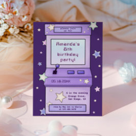 Niedlicher Retro Lila Arcade Game Kindergeburtstag Einladung