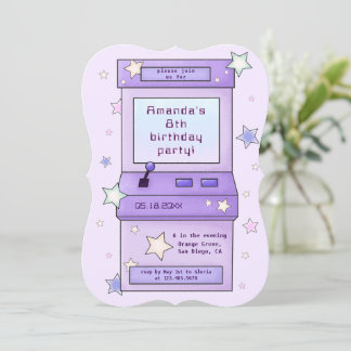Niedlicher Retro Lila Arcade Game Kindergeburtstag Einladung