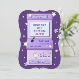 Niedlicher Retro Lila Arcade Game Kindergeburtstag Einladung