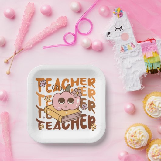 Niedlicher Retro Pumpkin-Lehrer Halloween Fall Pappteller (Party)