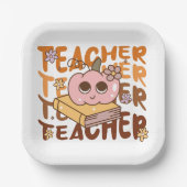 Niedlicher Retro Pumpkin-Lehrer Halloween Fall Pappteller (Vorderseite)