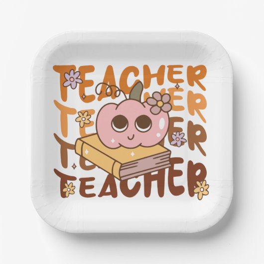 Niedlicher Retro Pumpkin-Lehrer Halloween Fall Pappteller (Vorderseite)