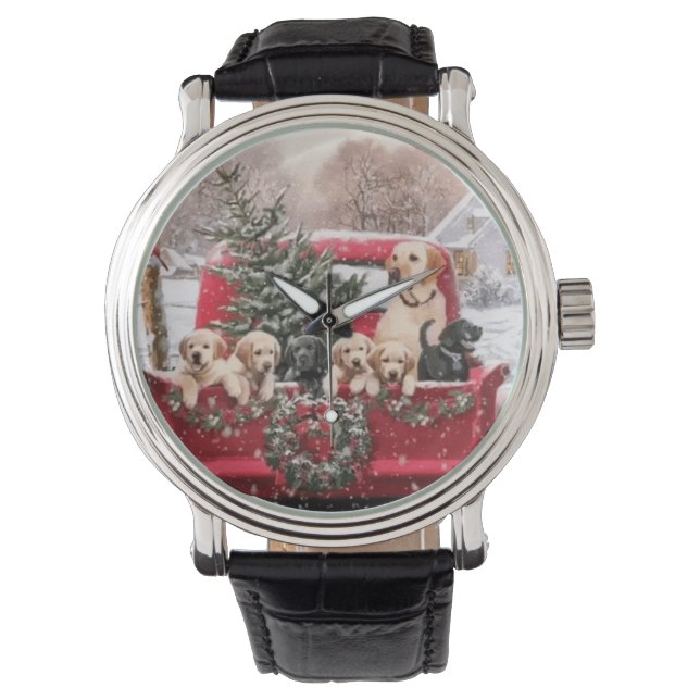 Niedlicher Retro Red LKW mit Welpen Hunde Armbanduhr (Vorderseite)