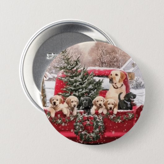 Niedlicher Retro Red LKW mit Welpen Hunde Button (Vorne & Hinten)