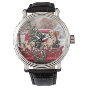 Niedlicher Retro Red Truck mit Welpen Hunde Armbanduhr