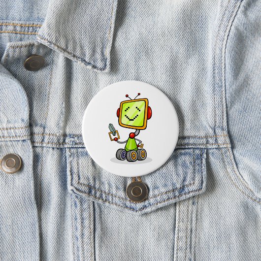Niedlicher Retro Robot Cartoon Fun KI Tech Digital Button