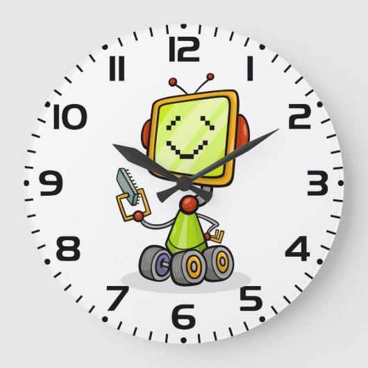 Niedlicher Retro Robot Cartoon Fun KI Tech Digital Große Wanduhr (Vorderseite)
