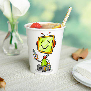 Niedlicher Retro Robot Cartoon Fun KI Tech Digital Pappbecher