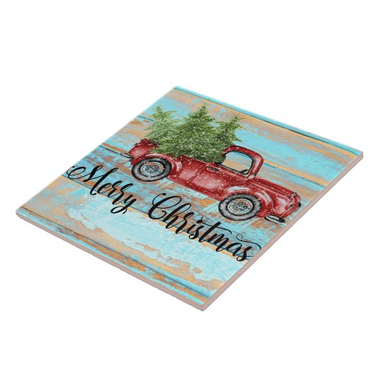 Niedlicher Retro-Rottransporter Land Weihnachten Fliese (Seite)