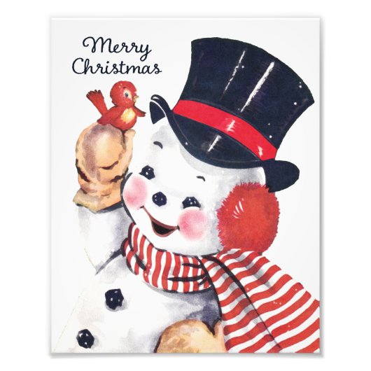 Niedlicher Retro Snowman und Red Bird Wall Kunst Fotodruck (Vorne)