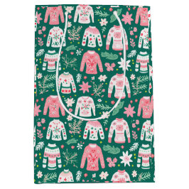 Niedlicher Retro-Ugly Sweater Pink und Grüner Spaß Mittlere Geschenktüte
